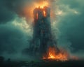 Lone Beacon Fire Burning Atop a Medieval Watchtower The flames blur with stone