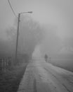 A lone biker cycling through the thick fog on rural road in Lund Sweden