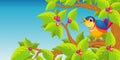 Lone bird singing on the branch of a tree on blue background Royalty Free Stock Photo