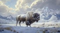 A lone bison stands in a snowy mountain landscape Royalty Free Stock Photo