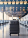 A lone black suitcase sits on the floor of a busy airport terminal. Royalty Free Stock Photo