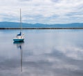 Lone blue and white sail boat in harbor Royalty Free Stock Photo