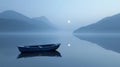 A lone boat floating on a tranquil lake the moons reflection rippling softly on the waters surface. . Royalty Free Stock Photo