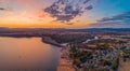 Lone boat sailing across Lake Hume. Royalty Free Stock Photo