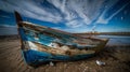 A lone boat sits perched atop the sandy beach, its hull gleaming under the suns rays, waiting for the tide to return Royalty Free Stock Photo