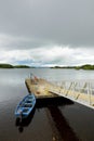 Lone boat tied to small pier on Lough Leane, the largest and northernmost of the lakes of Killarney National Park, County Kerry, I