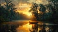 A lone boatman paddles through a tranquil swamp at sunrise, surrounded by majestic cypress trees and Spanish moss Royalty Free Stock Photo