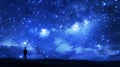 Lone boy standing field gazing starry night sky stars nebulous clouds illustration Royalty Free Stock Photo