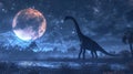 A lone Brachiosaurus raises its head to admire the glowing moon its immense size casting a shadow over the gry meadow