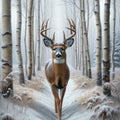 Lone Buck White-tail Deer Buck Wilderness Wintertime Birch Trees Snowy Pathway Forest Canada AI Generated