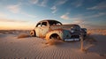 Lone car overtaken by desert dunes