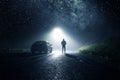 A lone car, parked on the side of the road with a hooded figure, on a spooky country road. With a bright light and stars at night