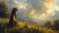 A lone cheetah sits on a hilltop, gazing at a rainbow and a dramatic sky Royalty Free Stock Photo