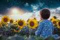 lone child in pajamas sitting among sunflowers looking at night sky