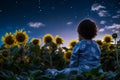 lone child in pajamas sitting among sunflowers looking at night sky