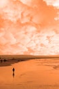 A lone child in silhouette on beach