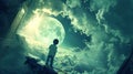 A lone child stands in a bedroom doorway, looking out at a colossal moon against a backdrop of clouds and stars, symbolizing Royalty Free Stock Photo