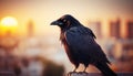 Silhouette of a Crow Perched on a Skyscraper Against the Sunset Skyline. Generative AI