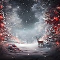 A lone deer in a snow-covered forest at night, illustration. Xmas tree as a symbol of Christmas of the birth of the Savior