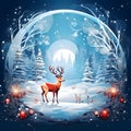 A lone deer in a snow-covered forest at night, illustration. Xmas tree as a symbol of Christmas of the birth of the Savior