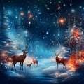 A lone deer in a snow-covered forest at night, illustration. Xmas tree as a symbol of Christmas of the birth of the Savior