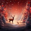 A lone deer in a snow-covered forest at night, illustration. Xmas tree as a symbol of Christmas of the birth of the Savior