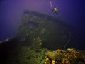 A lone diver on a wreck in Truk Lagoon