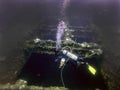 A lone diver on a wreck in Truk Lagoon