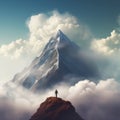 Lone explorer on a summit above the clouds facing a towering mountain peak Royalty Free Stock Photo