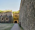 Tourist alone in the massive Ehrenbreitstein Fortress near Koblenz, Germany