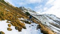 Lone female traveler hiking in the snow with a backpack. Winter snowy mountains in Pyrenees