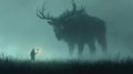 A lone figure confronts a colossal deer-like creature in a misty landscape Royalty Free Stock Photo