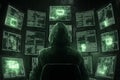 A lone figure in a dark room immersed in the glow of multiple screens displaying complex code data. Generative AI