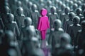 A lone figure dressed in vibrant pink stands apart from a sea of identical silhouettes in a grayscale world