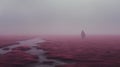 Otherworldly Atmosphere: A Man Walking In Pink Grass On A Foggy Day