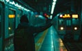 A lone figure extends a hand towards a departing train at night. The station is bathed in an eerie blue light, adding to