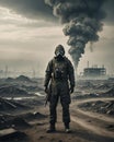 A lone figure in a gas mask surveys a wasteland, with dark plumes rising behind. A stark vision of a dystopian future