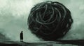 A lone figure gazes at a giant tangled rope ball Royalty Free Stock Photo