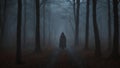 A lone figure makes their way through on a moonless Halloween night. Image is generated with the use of an Artificial intelligence Royalty Free Stock Photo