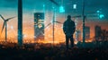 A lone figure overlooks a futuristic cityscape at dusk. Urban skyline with glowing lights and elements of eco-friendly Royalty Free Stock Photo
