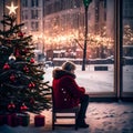 Lone figure sits with their back turned to a grand Christmas tree adorned with gifts