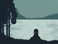 A lone figure sitting by a lake and looking off into the distance with contempt. Art concept. AI generation