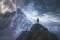 lone figure standing atop mountain peak, swirling vortex of bitcoin, stormy sky overhead crackling with lightning. Royalty Free Stock Photo