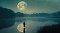 A lone figure standing in front of a shimmering lake the reflection of the moon creating a dreamy ethereal effect. .