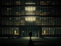 A lone figure standing in an illuminated office building late at night. AI generation Royalty Free Stock Photo