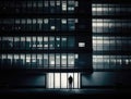 A lone figure standing in an illuminated office building late at night. AI generation Royalty Free Stock Photo