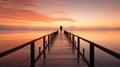 Lone figure standing on a long pier wooden at sunset