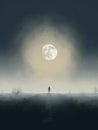 A lone figure standing in the middle of a foggy field the light of the full moon casting an ethereal feel. Gothic art