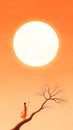 A lone figure standing on a tree branch with a large glowing sun in the background, evoking themes of solitude Royalty Free Stock Photo
