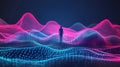A lone figure stands amidst vibrant digital waves during a futuristic visualization of data and technology Royalty Free Stock Photo